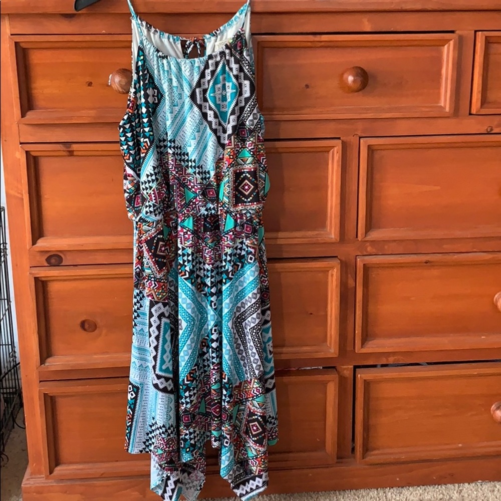 Abstract spaghetti strap dress. Sz 12 turquoise